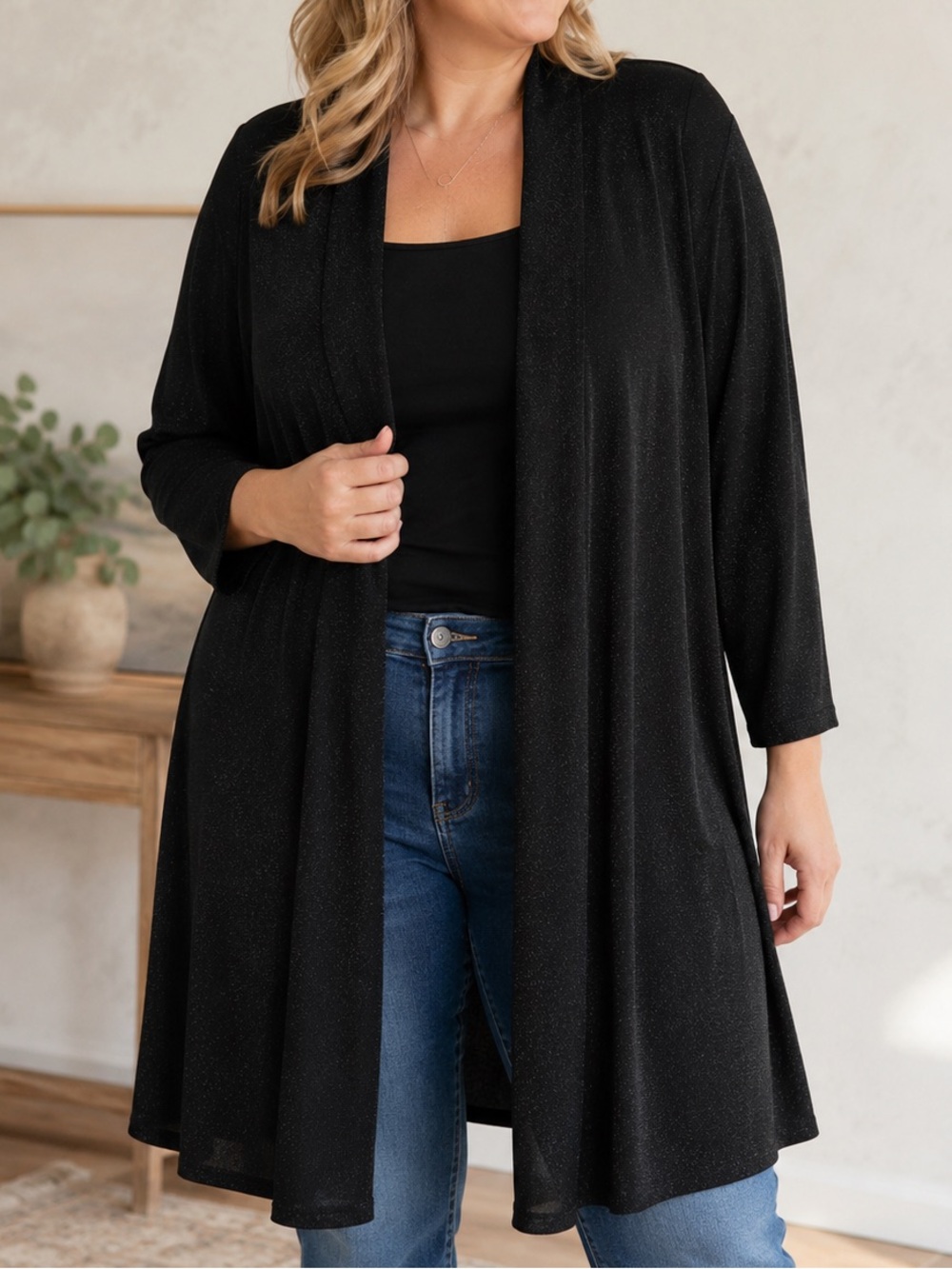 Prospect Blvd Lightweight Black Metallic 3/4 Sleeves Open Front Duster Cardigan